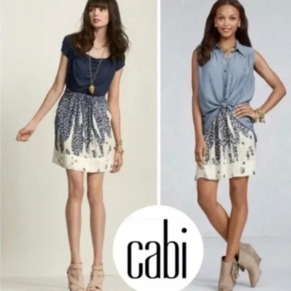 CABI Blue & Gray Silk Like Print Elastic Waist Skirt * SZ S